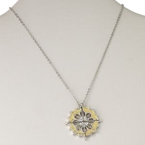 Necklace, glass rhinestone with gold- and imitation rhodium-plated brass, orange, 37mm magnetic fancy round with 22x16x16mm triangle, 16 inches with 3-inch extender chain and lobster claw clasp. Sold individually.