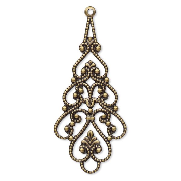 Focal, antique gold-plated brass, 38x18mm filigree teardrop. Sold per pkg of 10. image number 0
