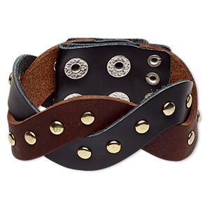 Bracelet, leather (dyed) / gold-finished / imitation rhodium-plated brass / steel, brown and black, 36mm wide with woven design, adjustable at 6-1/2 and 7 inches with double snap closure. Sold individually.