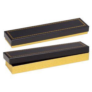 Box, paper and velvet, black and gold, 8-1/8 x 1-7/8 x 7/8 inch rectangle. Sold per pkg of 6.