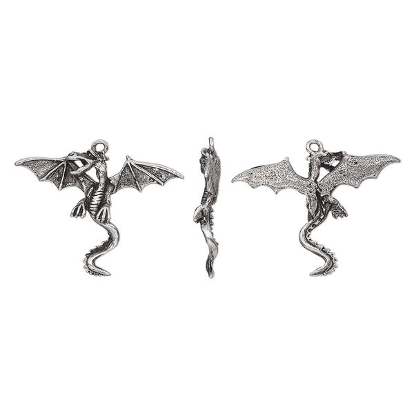Charm, pewter (tin-based alloy), pkg/1, antiqued, 42x31mm dragon with spread wings. image number 0