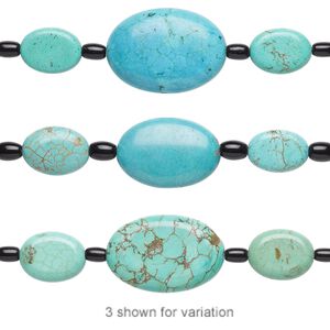 Bead mix, "turquoise" (imitation) resin and glass, light teal green / blue-green / black, 6x4mm-8x6mm barrel / 16x12mm-19x14mm flat oval / 30x20mm-31x21mm puffed oval. Sold per pkg of 7.
