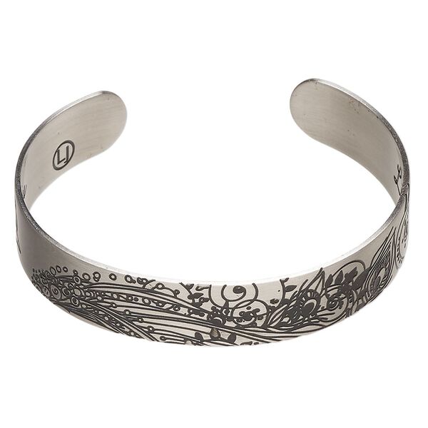 Bracelet cuff 1pkg1 silver-finished brass, black, 12mm wide with peacock on outside / "Life is tough my darling, but so are you" on inside. image number 0