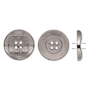 Button, gunmetal-finished "pewter" (zinc-based alloy), 21mm single-sided wavy flat round with textured square design. Sold per pkg of 20.