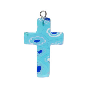 Focal, millefiori glass and silver-finished steel 1pkg1, translucent blue / cobalt blue / white, 33x20mm-36x21mm cross.