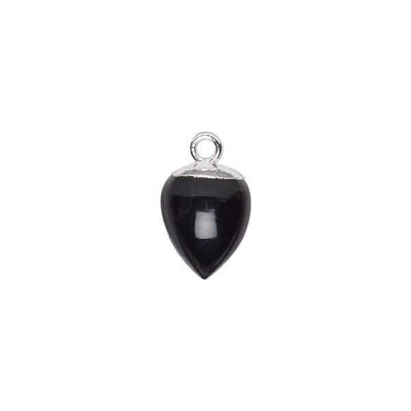 Drop, black onyx (dyed) and sterling silver, 9x8mm hand-cut acorn. Sold individually. image number 0