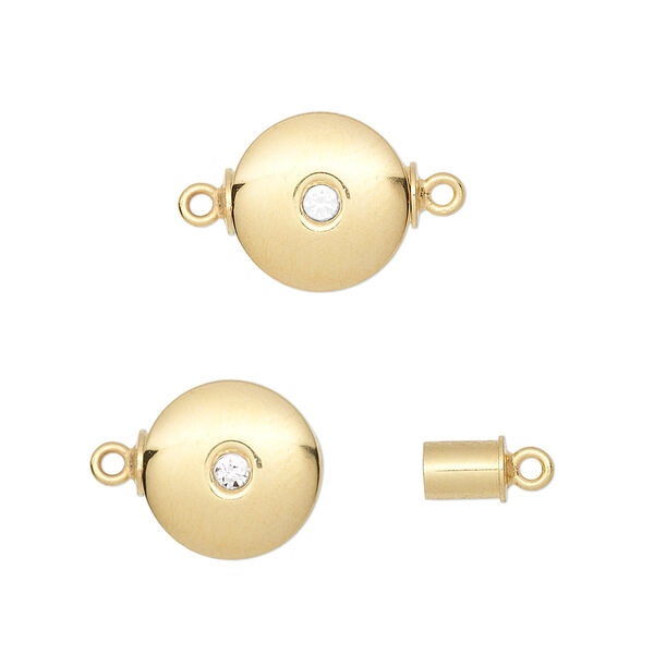 Clasp, magnetic, cubic zirconia and gold-plated brass, clear, 12mm flat round. Sold individually. image number 0