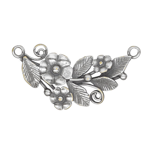 Focal, JBB Findings, antique silver-plated brass, 31x19mm single-sided with flowers and leaves, 2 loops. Sold individually. image number 0