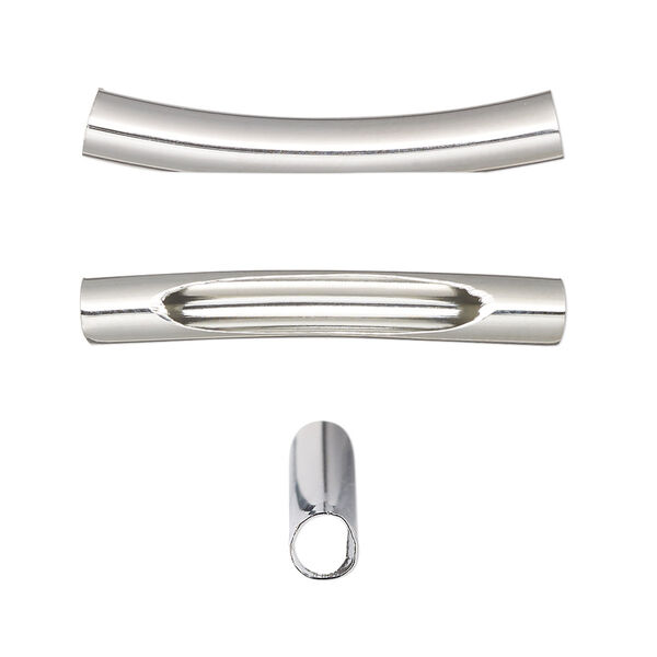 Bead, imitation rhodium-finished brass, 32x5mm curved tube with oval cutout. Sold per pkg of 10. image number 0