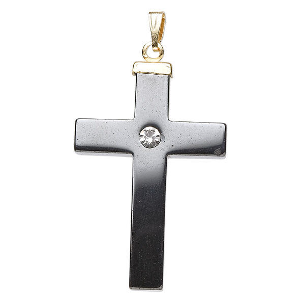Pendant, Everyday Jewelry, Hemalyke™ (manmade) / glass rhinestone / iron / gold-finished brass, 34x22mm cross with stone. Sold per pkg of 4. image number 0