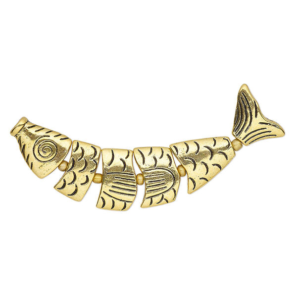 Bead, antique gold-plated "pewter" (zinc-based alloy), 76x19mm double-sided fish. Sold per 6-piece set. image number 0