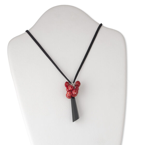 Necklace, glass / steel / faux suede, black / red / silver, 60x16mm hexagon drop and 12x9mm faceted rondelle, adjustable 32-40 inches. Sold individually. image number 0