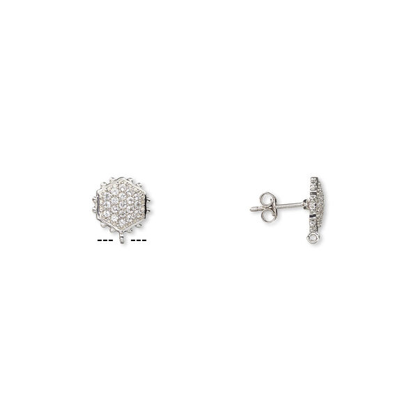 Earstud, white topaz (natural) and sterling silver, 12x11mm beaded hexagon with open loop. Sold per pair. image number 0