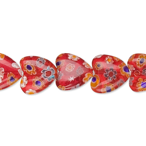 Bead, millefiori glass, red and multicolored, 12x12mm heart. Sold per 15-1/2" to 16" strand. image number 0