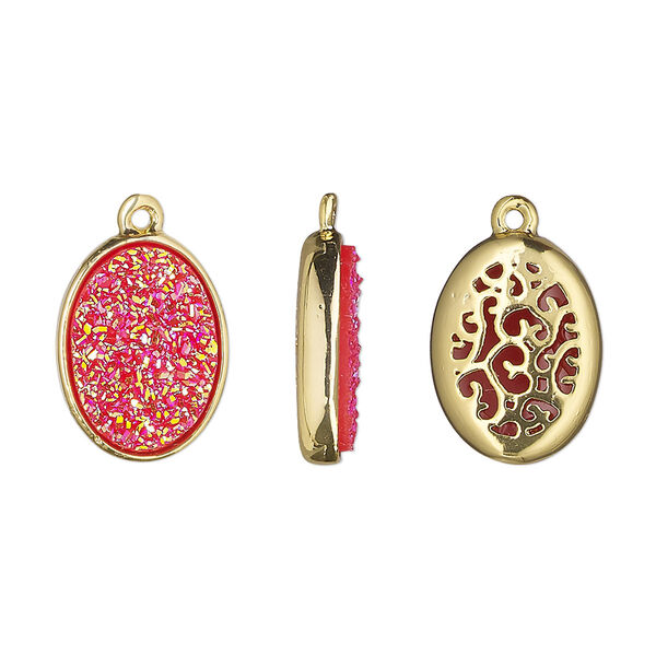 Drop, Druzylite™, "druzy" (resin) and gold-finished brass, hot pink, 15.5x11.5mm two-sided oval with open filigree back. Sold per pkg of 4. image number 0