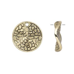 Drop, antique gold-finished "pewter" (zinc-based alloy), 18mm double-sided wavy flat round with cobblestone design. Sold per pkg of 6.