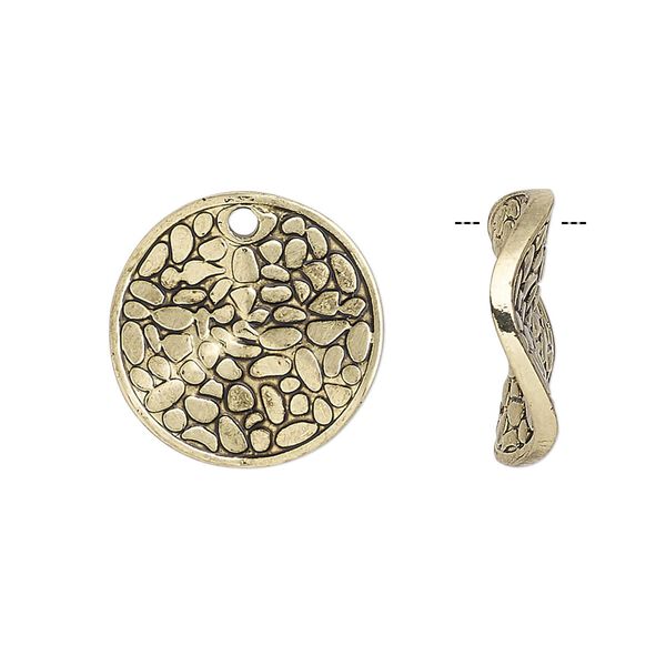 Drop, antique gold-finished "pewter" (zinc-based alloy), 18mm double-sided wavy flat round with cobblestone design. Sold per pkg of 6. image number 0