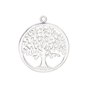 Drop, sterling silver, 25mm double-sided flat round with cutout tree of life. Sold individually.