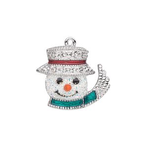 Charm, silver-plated "pewter" (zinc-based alloy) and enamel, white / green / red, 22x19mm single-sided snowman head with glittery face, top hat, scarf and carrot nose. Sold individually.