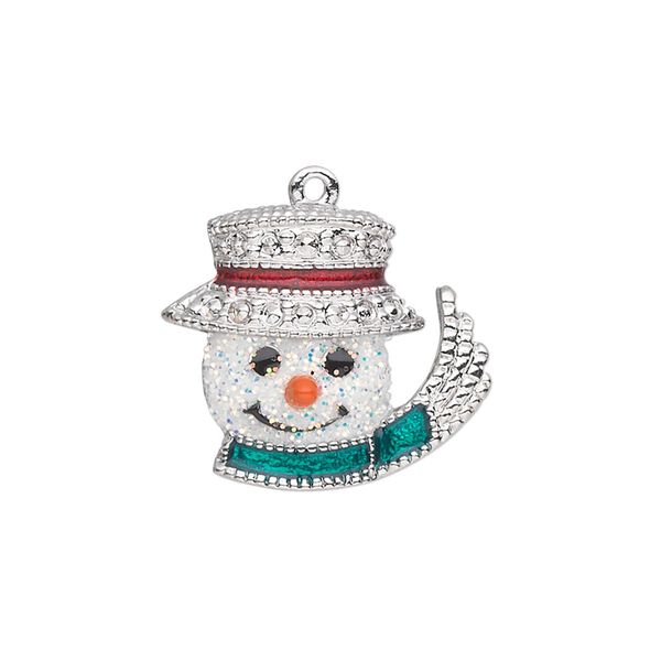 Charm, silver-plated "pewter" (zinc-based alloy) and enamel, white / green / red, 22x19mm single-sided snowman head with glittery face, top hat, scarf and carrot nose. Sold individually. image number 0