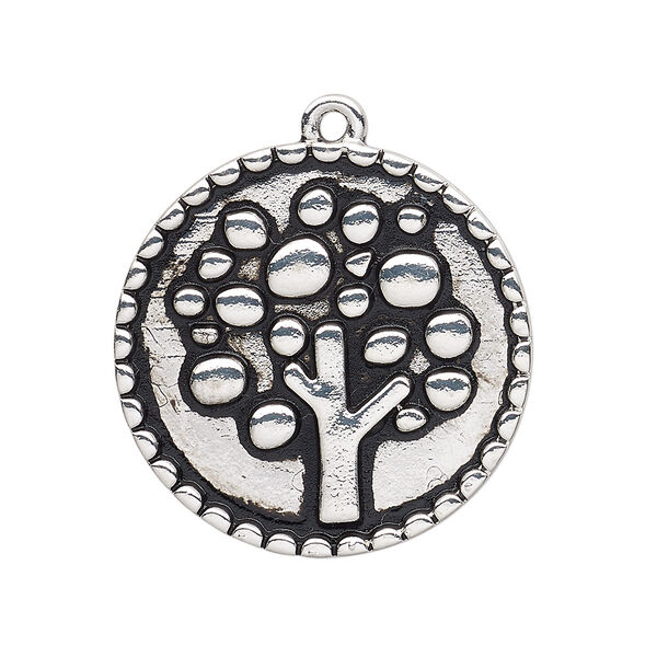 Focal, antique silver-finished "pewter" (zinc-based alloy), 30mm single-sided round with tree design. Sold per pkg of 2. image number 0