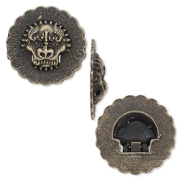 Embellishment, antique brass-finished "pewter" (zinc-based alloy), 20mm single-sided scalloped flat round with raised lion face. Sold per pkg of 4. image number 0