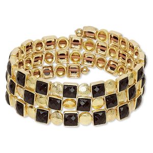 Bracelet, acrylic / gold-coated plastic / gold-finished brass / steel memory wire, black, 22mm wide with flat square, adjustable from 7-1/2 to 9 inches. Sold individually.