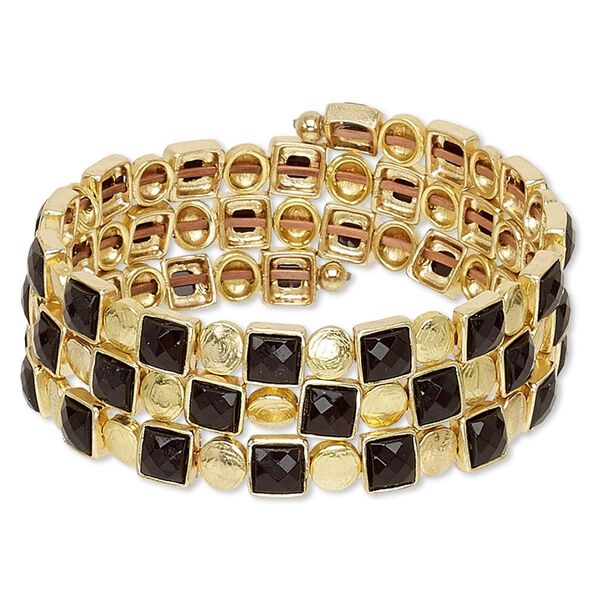 Bracelet, acrylic / gold-coated plastic / gold-finished brass / steel memory wire, black, 22mm wide with flat square, adjustable from 7-1/2 to 9 inches. Sold individually. image number 0