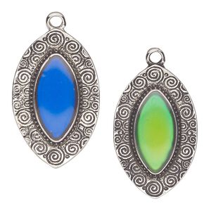 Focal, acrylic and antique imitation rhodium-plated "pewter" (zinc-based alloy), 34x22mm marquise with color-changing "mood" cabochon. Sold per pkg of 2.