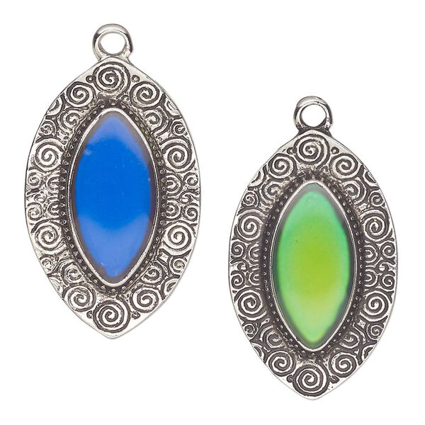 Focal, acrylic and antique imitation rhodium-plated "pewter" (zinc-based alloy), 34x22mm marquise with color-changing "mood" cabochon. Sold per pkg of 2. image number 0