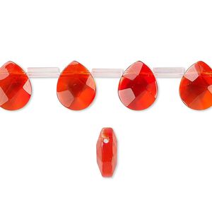 Drop, glass, red-orange, 10x8mm faceted puffed teardrop. Sold per pkg of 40 drops.