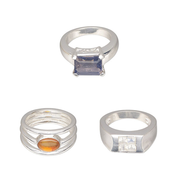 Ring mix, Create Compliments®, multi-gemstone (natural / dyed / heated / irradiated) / glass / sterling silver, multicolored, 2-16mm wide, size 5 to 5-1/2. Sold per pkg of 3. image number 0