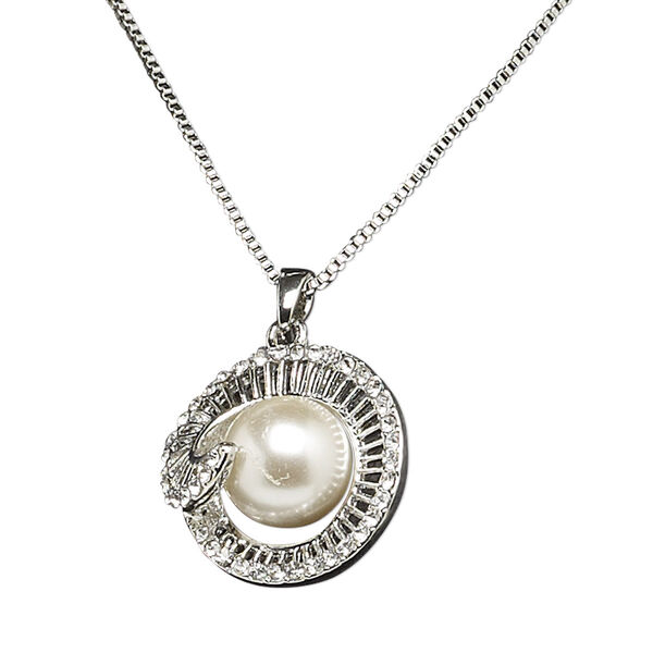 Necklace, plastic pearl / glass rhinestone / imitation rhodium-finished steel / "pewter" (zinc-based alloy), clear and white, 28mm round swirl, 22 inches with 2-inch extender chain and lobster claw clasp. Sold individually. image number 0