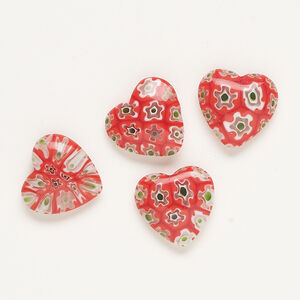 Bead, millefiori glass, translucent red and multicolored, 18-20mm half-drilled puffed heart. Sold per pkg of 4.