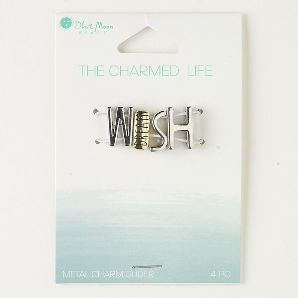 Slide, silver- and antique gold-finished "pewter" (zinc-based alloy), 13x5mm-14x8mm "WISH" with "dream," 10x2mm hole. Sold per pkg of 4. image number 0