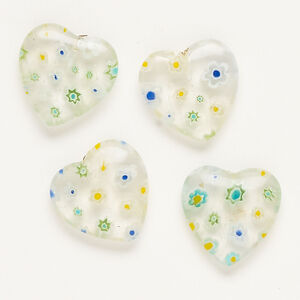 Bead, millefiori glass, clear and multicolored, 19-20mm half-drilled puffed heart. Sold per pkg of 4.