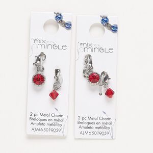 Drop, silver-finished "pewter" (zinc-based alloy) / steel / glass, red, 22x7mm single-sided and 24x9mm single-sided with lobster claw clasp. Sold per pkg of (2) 2-piece sets.