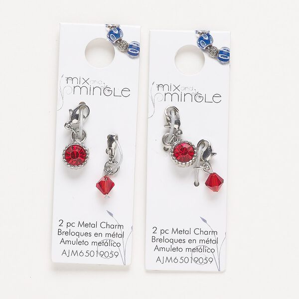 Drop, silver-finished "pewter" (zinc-based alloy) / steel / glass, red, 22x7mm single-sided and 24x9mm single-sided with lobster claw clasp. Sold per pkg of (2) 2-piece sets. image number 0