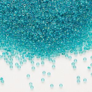 Seed bead, Miyuki, glass, pkg/35g, #15 rocaille, translucent teal-lined luster crystal clear (RR-3742).