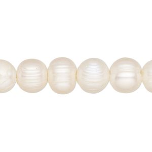Pearl, cultured freshwater (bleached), white, 9-12mm semi-round, D grade, Mohs hardness 2-1/2 to 4. Sold per 8-inch strand, approximately 20-24 beads.