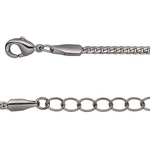 Chain, gunmetal-plated brass, 2mm curb, 36 inches with 1-1/4 inch extender chain and lobster claw clasp. Sold per pkg of 2.