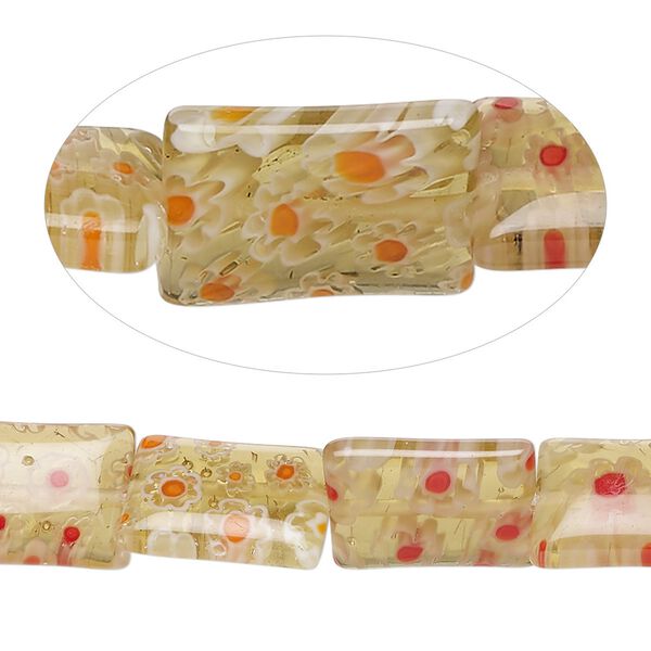 Bead, millefiori glass, translucent amber / peach / white, 14x10mm puffed rectangle with 0.6-0.8mm hole. Sold per 15-inch strand. image number 0