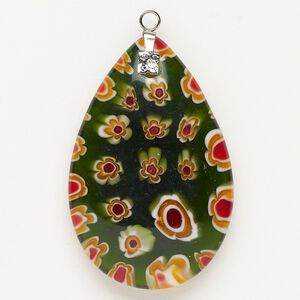 Focal 1pkg1 silver-finished steel and millefiori glass, translucent and transparent multicolored, 47x30mm-48x33mm puffed teardrop.