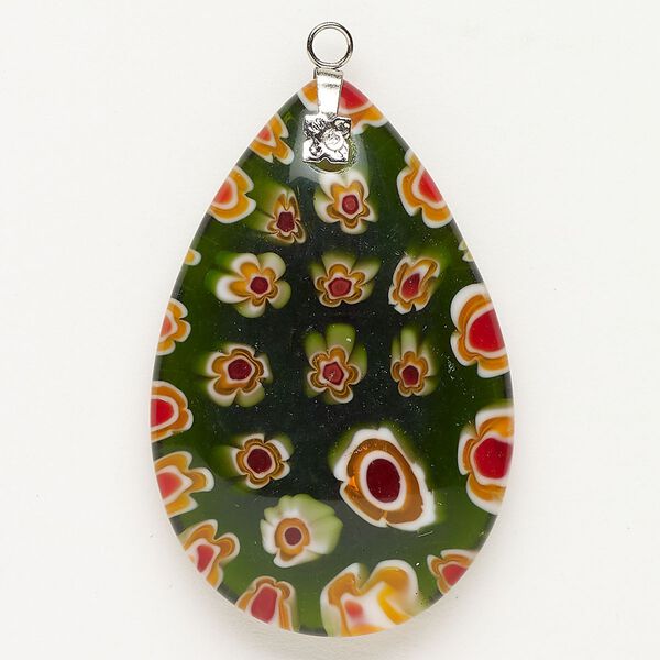 Focal 1pkg1 silver-finished steel and millefiori glass, translucent and transparent multicolored, 47x30mm-48x33mm puffed teardrop. image number 0
