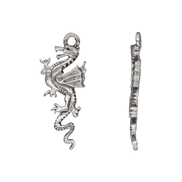 Charm, pewter (tin-based alloy), pkg/1, antiqued, 25x11mm dragon. image number 0