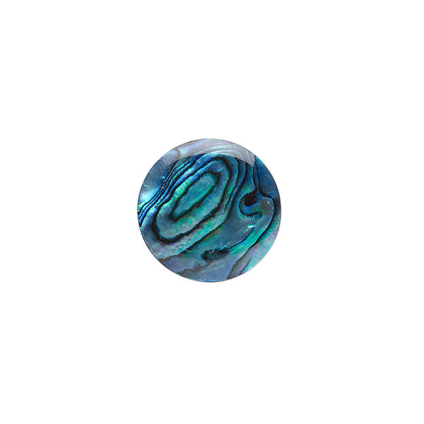 Cabochon, paua shell (coated / dyed), blue, 15mm calibrated round, Mohs hardness 3-1/2. Sold per pkg of 4. image number 0