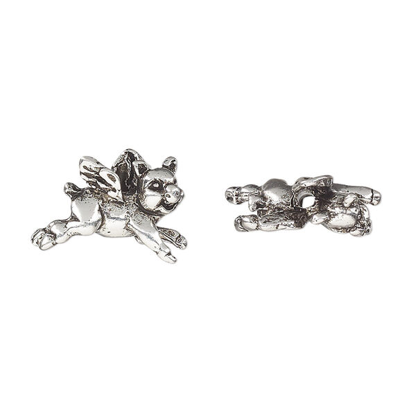Bead, antique silver-plated pewter (tin-based alloy), 17x10.5mm 3D flying pig. Sold per pkg of 2. image number 0
