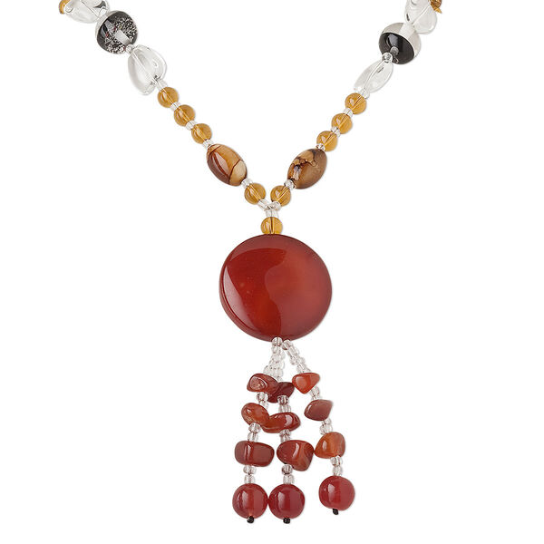 Necklace, red agate (dyed / heated) and glass, multicolored, 40mm round, 28 inch continuous loop. Sold individually. image number 0