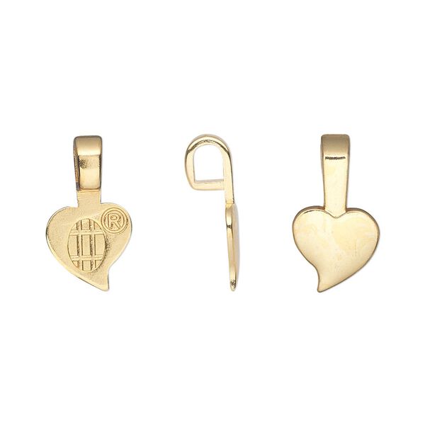 Bail, Aanraku®, glue-on pendant, gold-plated "pewter" (zinc-based alloy), 16.5x9mm with 9mm heart flat base. Sold per pkg of 5. image number 0