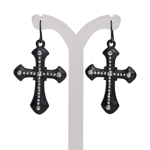 Earring, glass rhinestone with black-finished steel and "pewter" (zinc-based alloy), clear, 2 inches with matte cross and fishhook ear wire. Sold per pair. image number 0